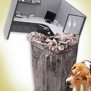 Départ à la retraite, chien Beagle, armoire déchets nouveaux commencements carte