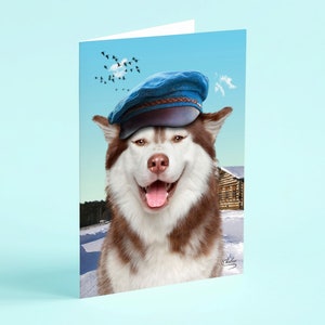 Divertente cane Husky marrone in bianco cartolina d'auguri con cappello greco