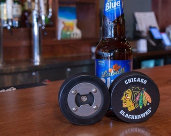 Chicago Blackhawks | Bottle Opener made from a Real Hockey Puck | Blackhawks | Blackhawks Hockey