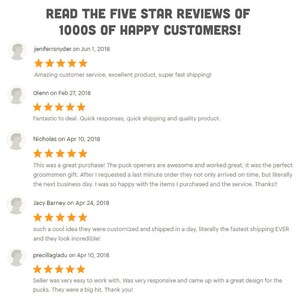 May include: Five customer reviews with five stars each, highlighting fast shipping, quality products, and excellent customer service. The reviews are from June 1, 2018, February 27, 2018, April 10, 2018, and April 24, 2018.