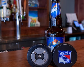New York Rangers Bottle Opener, Hockey Puck Bottle Opener, Rangers Hockey Fan Gift, New York Hockey Favors, Hockey Teacher Gift, Ice Hockey