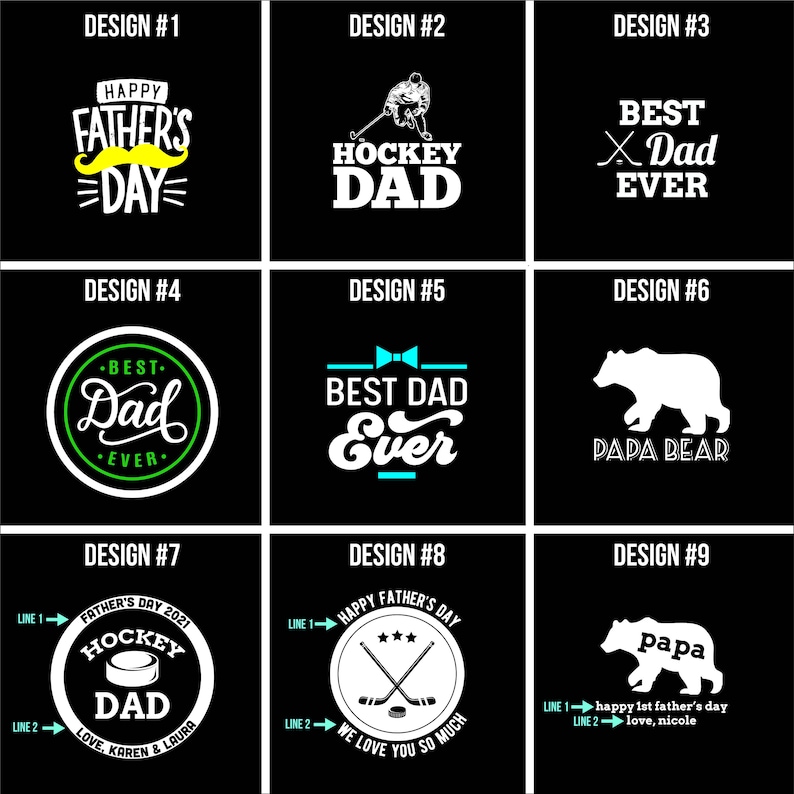 Peut inclure: Neuf designs diff&eacute;rents pour des t-shirts de la f&ecirc;te des p&egrave;res. Les designs pr&eacute;sentent des graphismes sur le th&egrave;me du hockey, du texte qui dit "Joyeuse f&ecirc;te des p&egrave;res", "Papa hockey", "Meilleur papa du monde" et "Papa ours".