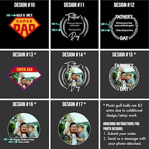 Peut inclure: Un collage de 10 designs diff&eacute;rents pour des balles de golf personnalis&eacute;es. Chaque design pr&eacute;sente une disposition diff&eacute;rente de texte et d'images, notamment un super-papa, un message pour la f&ecirc;te des p&egrave;res et une photo d'un p&egrave;re et de ses enfants. Les designs sont tous en noir et blanc avec une touche de couleur.