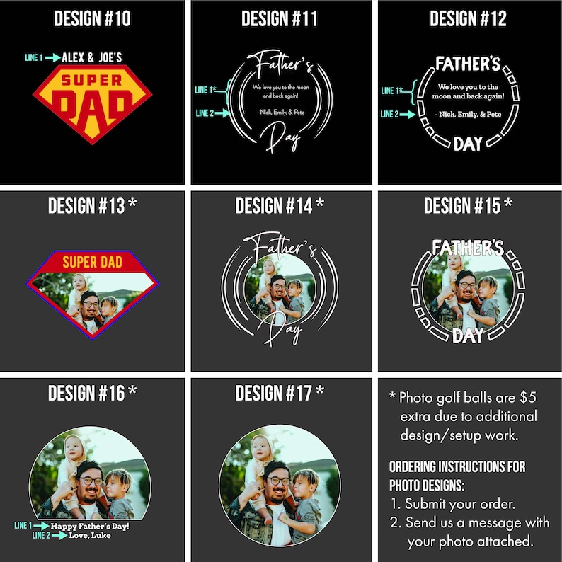 Peut inclure: Un collage de 10 designs diff&eacute;rents pour des balles de golf personnalis&eacute;es. Chaque design pr&eacute;sente une disposition diff&eacute;rente de texte et d'images, notamment un super-papa, un message pour la f&ecirc;te des p&egrave;res et une photo d'un p&egrave;re et de ses enfants. Les designs sont tous en noir et blanc avec une touche de couleur.