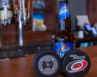 Carolina Hurricanes | Bottle Opener made from a Real Hockey Puck | Hurricanes | Hurricanes Hockey