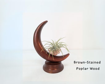 Crescent Moon Air Plant Holder Stand, Wooden Standing Air Plant Display Holder Gift For Her Plant, Boho Air Plant Decor