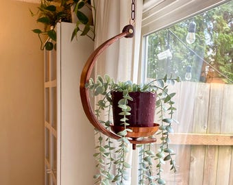 Dark Brown Stained Oak Wood Plant Hanger, Bentwood Plant Holder, Window Plant Hanger, Boho Curved Indoor Plant Display