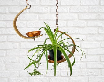 Bentwood Half Moon Indoor Plant Hanger with Copper Dish, Adjustable Balance Hook, Plant Hanging Decor, 4.25in Pot Plant Holder, Boho Decor