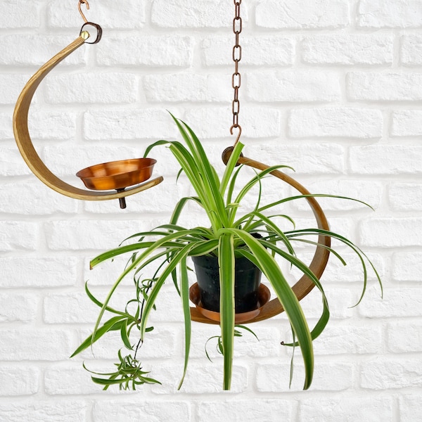 Bentwood Half Moon Indoor Plant Hanger with Copper Dish, Adjustable Balance Hook, Plant Hanging Decor, 4.25in Pot Plant Holder, Boho Decor