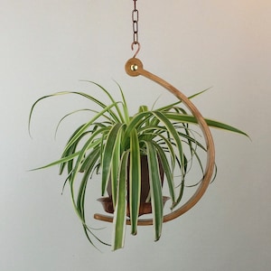 Adjustable Bentwood Half Moon Plant Hanger w/ Leveling Hook, Indoor Wooden Hanging Plant Display, Plant Holder w/ Copper Dish & Chain