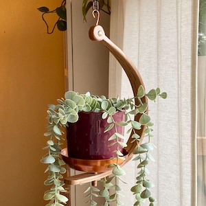 May include: A wooden plant hanger with a copper-colored pot and a trailing plant with light green leaves. The hanger is suspended from a ceiling hook.