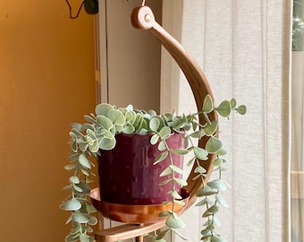 Adjustable Bentwood Half Moon Plant Hanger w/ Leveling Hook, Indoor Wooden Hanging Plant Display, Plant Holder w/ Copper Dish & Chain