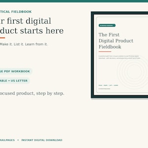 Op de afbeelding: Een 16-pagina digitaal PDF-werkboek getiteld The First Digital Product Fieldbook. Het document heeft een crèmekleurige achtergrond met donkergroene tekst, oranje accenten en een US letter-formaat. Het bevat secties om te plannen, maken, vermelden en leren.