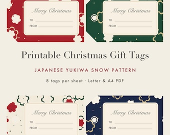 Puede incluir: Cuatro etiquetas de regalo rectangulares con un patrón de nieve japonés Yukiwa en rojo, verde, crema y azul marino. Cada etiqueta incluye un recuadro crema con el texto Merry Christmas, To y From. El texto Printable Christmas Gift Tags es visible.