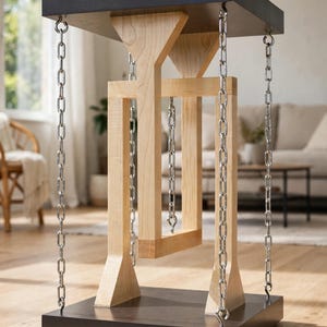 May include: A tensegrity table featuring a dark square top and base connected by four silver metal chains at the corners and a central light-colored wooden structure. The design creates a floating effect with the wooden frame suspended by chains.