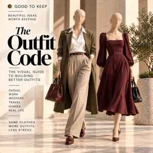May include: Two mannequins displaying clothing. One wears an olive green coat, white collared shirt, and beige trousers with a brown belt and loafers, carrying a dark red handbag. The other wears a dark red midi dress with long sleeves and a belt.