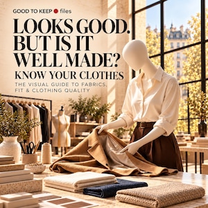 May include: A mannequin wearing a cream button-down shirt and brown trousers examines a tan coat. Text reads: GOOD TO KEEP files, LOOKS GOOD. BUT IS IT WELL MADE? KNOW YOUR CLOTHES, THE VISUAL GUIDE TO FABRICS, FIT & CLOTHING QUALITY.