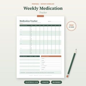 Weekly Medication Tracker Printable | Medicine Log PDF | Pill Chart & Dose Checklist | Vitamin and Supplement Tracker