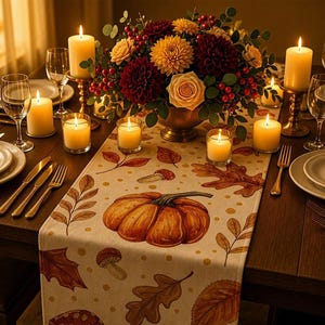 May include: A dining table set for a meal featuring a cream-colored table runner with a print of orange pumpkins, brown oak leaves, and mushrooms. The table includes white plates, silverware, clear glasses, and several lit pillar candles.
