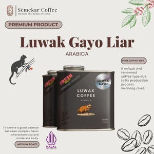 May include: Two dark brown rectangular coffee tins labeled Luwak Gayo Liar Arabica. The front features a small illustration of a civet, the text Fresh Roast, and a silver circular seal. The net weight is listed as 200 grams on the tin.