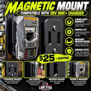 以下が含まれることがあります： 18V ONE+充電器用の黒いマグネット式マウント。2つの強力なマグネットで金属面にしっかりと固定できます。埋め込み式のリリース設計を採用し、耐久性のあるPETG素材で作られており、18V ONE+充電器と互換性があります。