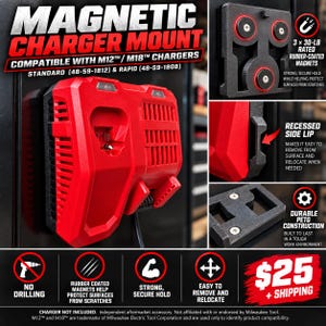 Puede incluir: Un soporte magnético rojo y negro para cargadores M12 y M18. El soporte cuenta con tres imanes recubiertos de goma, un borde lateral empotrado para facilitar su extracción y una construcción de PETG duradera que no requiere taladrar.