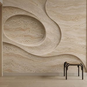 May include: A wall feature panel made of beige travertine stone with a natural porous texture and wavy, layered patterns. The panel includes a large, recessed oval-shaped cutout that creates a deep, curved indentation across the surface.