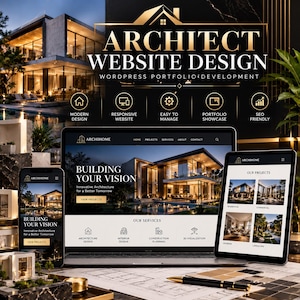 Può includere: Un display digitale che mostra un servizio di web design per architetti con il testo ARCHIECT WEBSITE DESIGN, WORDPRESS PORTFOLIO DEVELOPMENT e ARCHIHOME. Lo schermo presenta una casa moderna e icone di servizio.