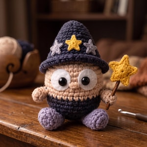 May include: A crocheted amigurumi figure shaped like a small creature wearing a dark blue pointed wizard hat decorated with yellow and light gray stars. The figure has large black eyes, a beige body, dark blue lower section, and light purple feet.