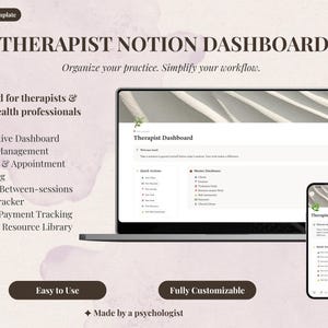 Op de afbeelding: Een digitale Notion-sjabloon voor therapeuten weergegeven op een laptop- en smartphonescherm. De interface bevat een therapeutendashboard met secties voor cliëntbeheer, sessietracking, doelbewaking, betalingstracking en een klinische bronnenbibliotheek.