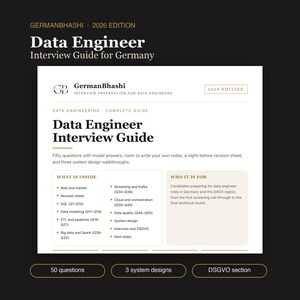 Data Engineer Interview Guide Germany 2026 | 50 Questions with Answers, SQL, Spark, Kafka, dbt, System Design, DSGVO | PDF Download