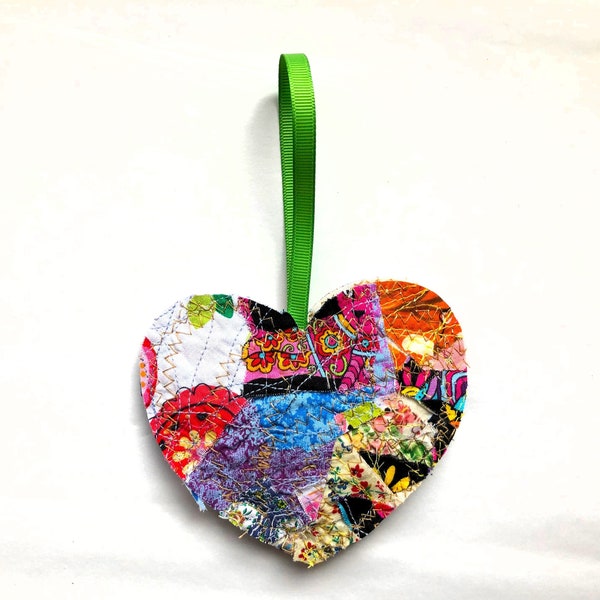 Quilted  Heart Ornament, ONE Scrap Quilt Heart, Soft Heart Ornament, Crumb Quilt Heart, Handmade Quilted Heart, Crazy Quilt Heart