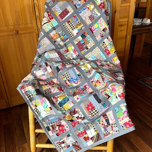 Cotton Patchwork Quilt Throw: Colorful Scrap Fabric, Grey Border