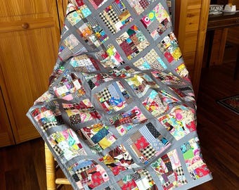 Cotton Patchwork Quilt Throw: Colorful Scrap Fabric, Grey Border