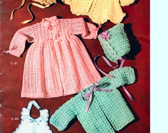 Vintage Baby Sweater Set, 1950s Crochet Pattern, Crochet Baby Bonnet, Lace Crochet Dress, Crochet Instructions, Vintage Crochet Patterns PDF