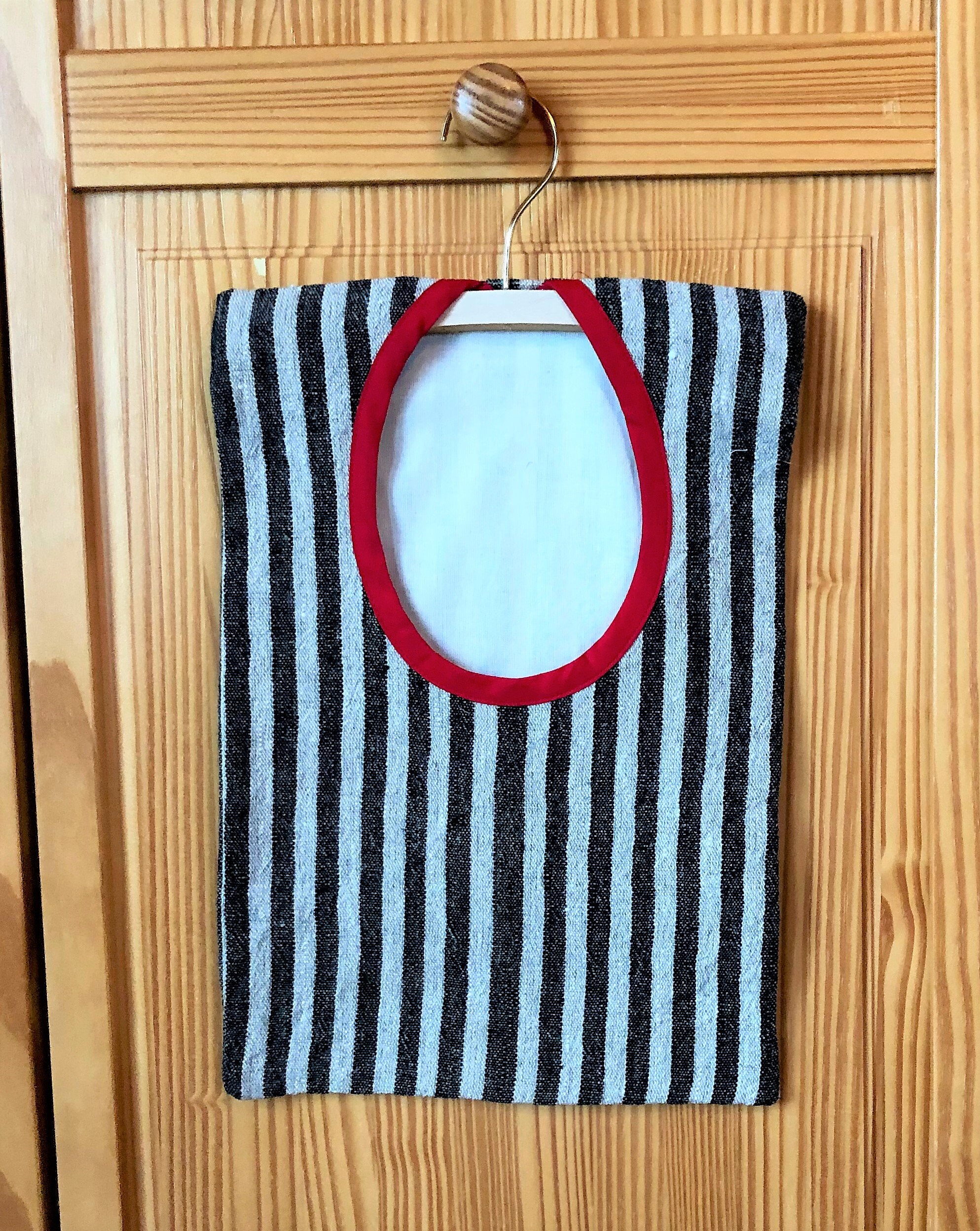 Vintage Inspired Linen Clothespin Bag: Striped Peg Storage with Red Trim