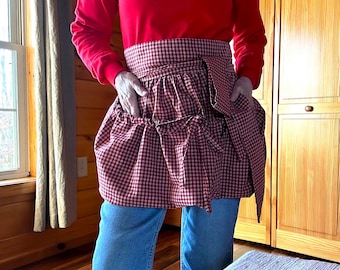 Red Check Cotton Gathering Apron: Farmhouse Garden Harvest Apron