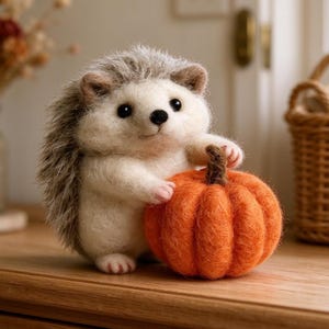 Adorno erizo otoño en fieltro, adorable erizo de lana y calabaza, decoración hogar cottagecore, mini figurita otoño
