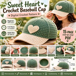 Puede incluir: Un patrón de ganchillo digital para una gorra de béisbol con corona verde, visera beige y un corazón aplicado en beige. El PDF de 15 páginas incluye instrucciones paso a paso para una talla adulta de 54-58 cm y 7-8 cm de visera.