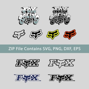 May include: A collection of digital graphic files featuring the Fox Racing logo in various styles, including stylized text, solid fox head icons in black, yellow, and orange, and linear Fox Racing wordmarks in black and blue.