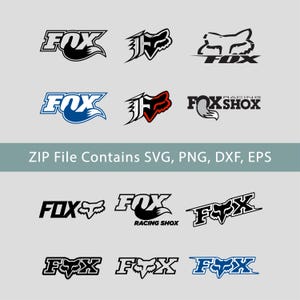 May include: A collection of twelve digital graphic logos featuring the Fox Racing and Fox Shox brand names and fox head icons in black, white, blue, and red. The text ZIP File Contains SVG, PNG, DXF, EPS is centered in the middle of the image.