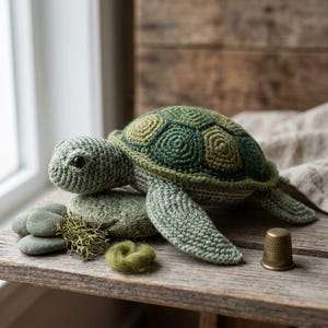 Puede incluir: Un juguete de tortuga marina tejido a ganchillo con cabeza verde claro y un caparazón en tonos verde oscuro y oliva. La tortuga descansa cerca de piedras grises lisas, un trozo de liquen seco, un mechón de lana verde y un dedal de metal.