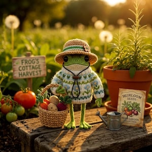 May include: A crocheted green frog wearing a tan sun hat with a flower detail and a white sweater with a blue floral pattern. The frog holds a small woven basket filled with crocheted vegetables, standing next to a miniature metal watering can.