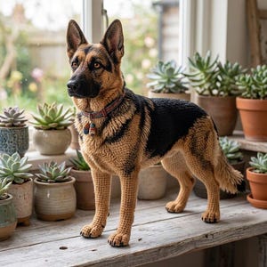 May include: A crocheted German Shepherd figurine featuring a black and tan yarn body, pointed ears, and a detailed face. The dog wears a patterned fabric collar with two small dangling charms, standing on a weathered wooden surface.