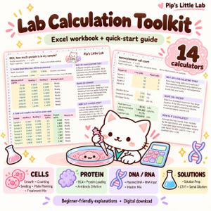 Puede incluir: Un kit de herramientas de cálculo de laboratorio digital de Pip's Little Lab que incluye un libro de Excel y una guía de inicio rápido con 14 calculadoras. El gráfico muestra interfaces de hoja de cálculo para proteínas BCA y conteos celulares, un gato científico de dibujos animados e iconos para células, proteínas, ADN/ARN y soluciones.
