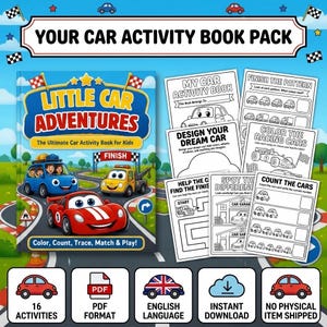 Kids Car Activity Book Printable PDF, Car Coloring Pages, Mazes, Puzzles, Counting Games, Tracing Worksheets, Preschool Learning Fun