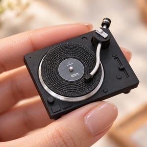 May include: A miniature black turntable figurine featuring a textured circular record, a silver-toned platter edge, and a white tonearm. The device includes small control knobs and a slider switch on the rectangular base, rendered in a matte finish.