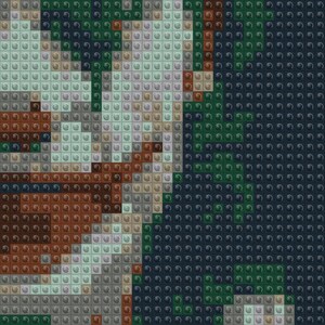 May include: A mosaic art piece constructed from small, square, studded plastic building blocks. The design features a color palette of dark green, light green, brown, and grey, arranged in a grid pattern to create a textured, pixelated visual effect.