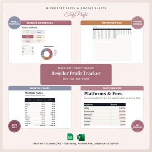 May include: A digital Reseller Profit Tracker spreadsheet for Microsoft Excel and Google Sheets. The layout includes a Reseller Dashboard, Inventory Log, Monthly Sales table, and Platform Fees chart. Text includes TidyProfit, Buy, List, Sell, Profit, and platform names like eBay, Poshmark, Mercari, Depop, and Vinted.