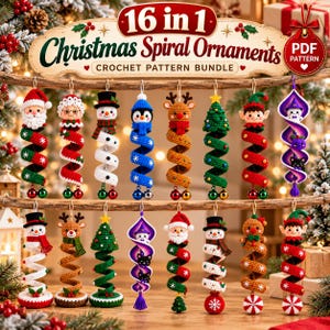 Könnte beinhalten: Eine Sammlung von 16 gehäkelten Spiralornamenten mit Weihnachtsfiguren wie Weihnachtsmann, Schneemännern, Rentieren, Elfen und Bäumen. Der Text lautet 16 in 1 Christmas Spiral Ornaments Crochet Pattern Bundle und PDF Pattern.